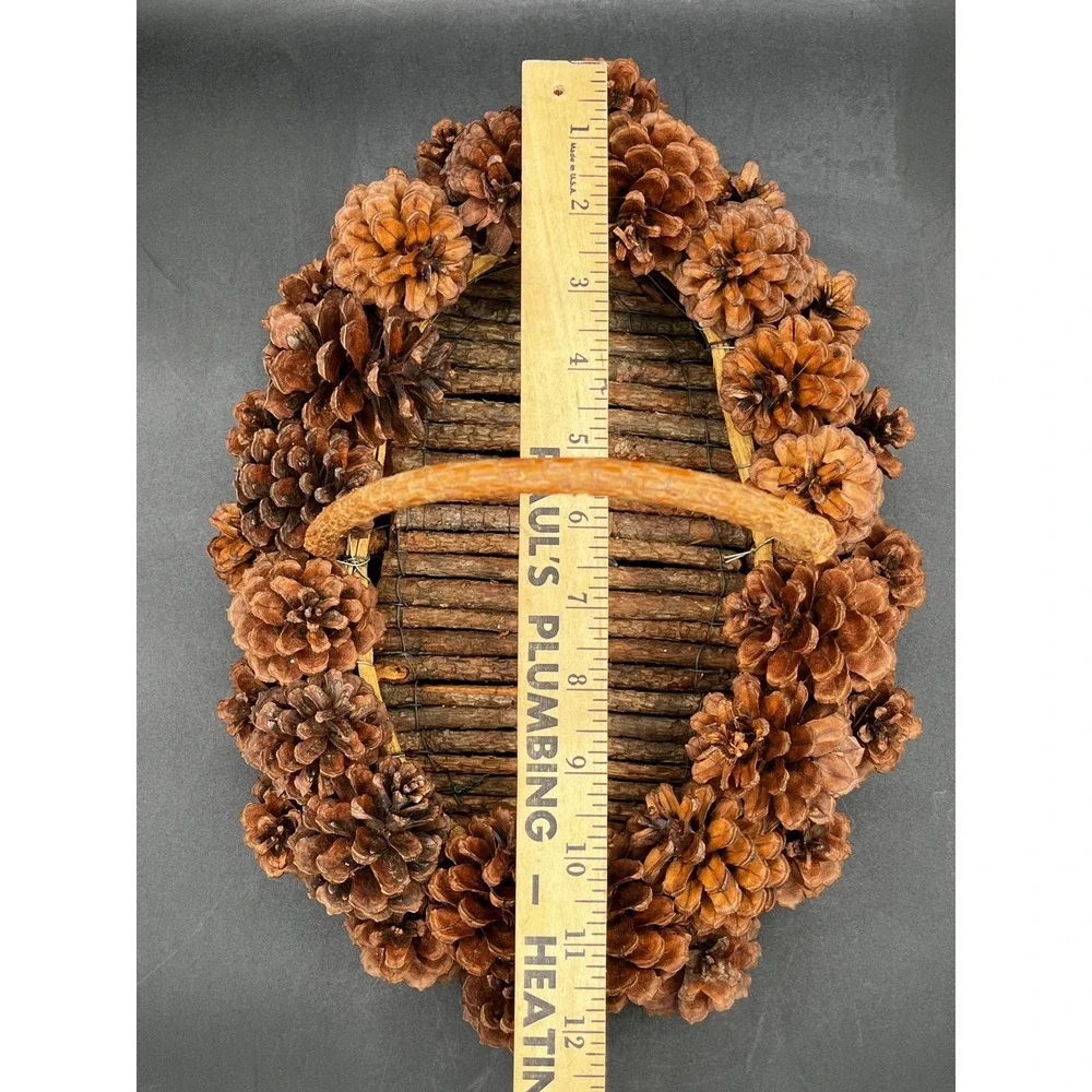 Handmade Pinecone Basket Rustic Woodland Twig Base Natural Wood Handle 14x10 in